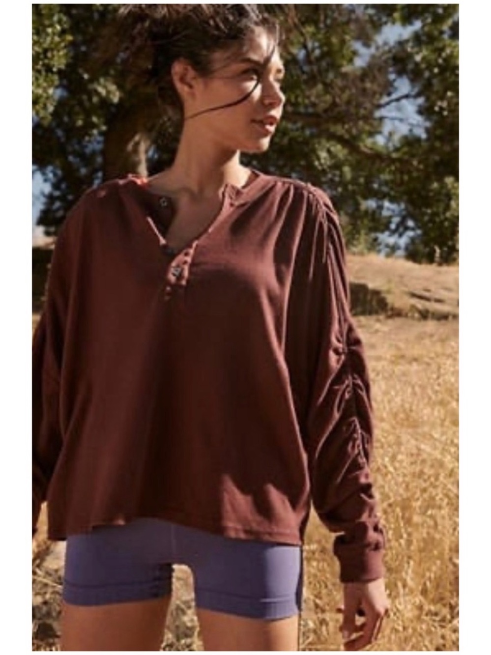 Free People Movement Women’s Sz S Flow State Henley Top Slouchy Ruched Sleeve